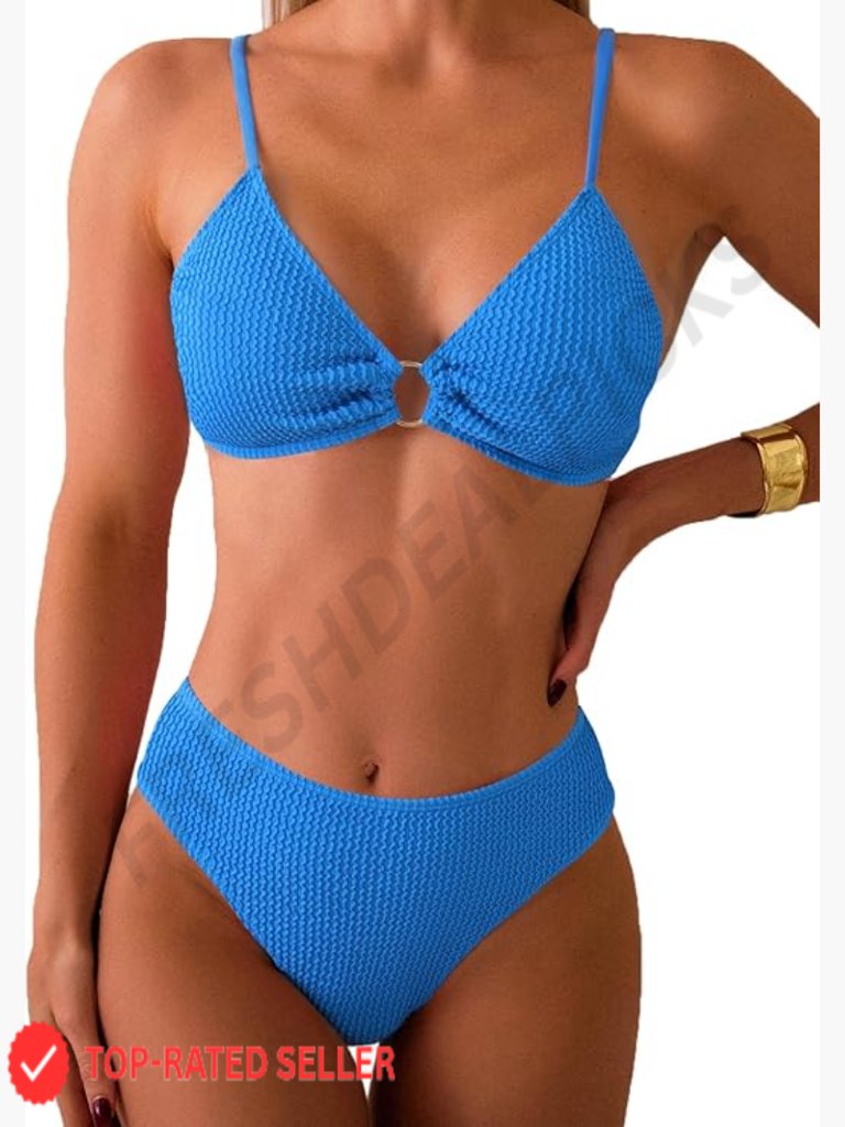 Ribbed Triangle Bikini Set O Ring Linked Two Piece Swimsuit Cheeky Swim